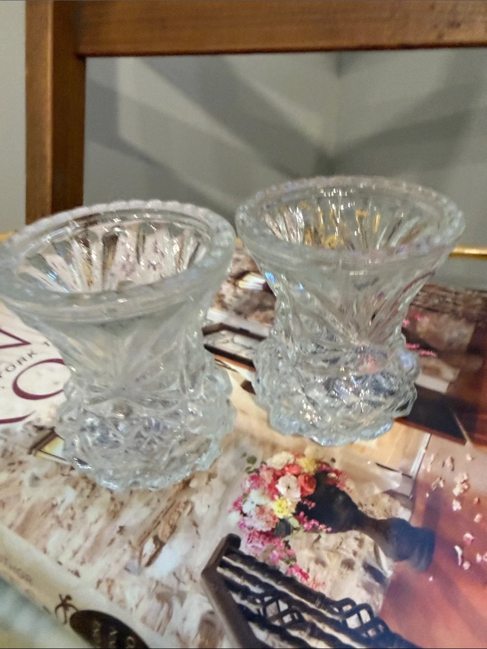 Vintage Pair Clear Pressed Glass Candle Holders Made in Tawain